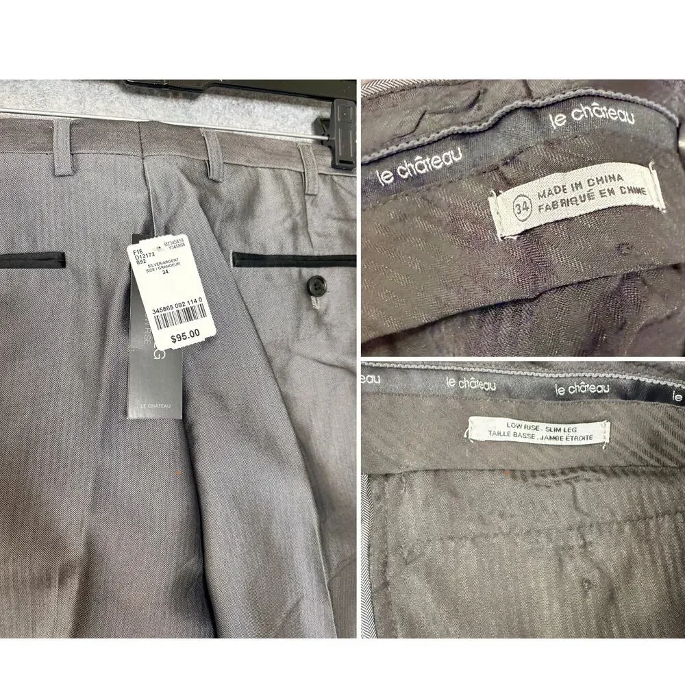 Le Chateau Men's 3 Piece Suit 42 Blazer & 34 Pants with Vest L Gray Slim Fit NWT
